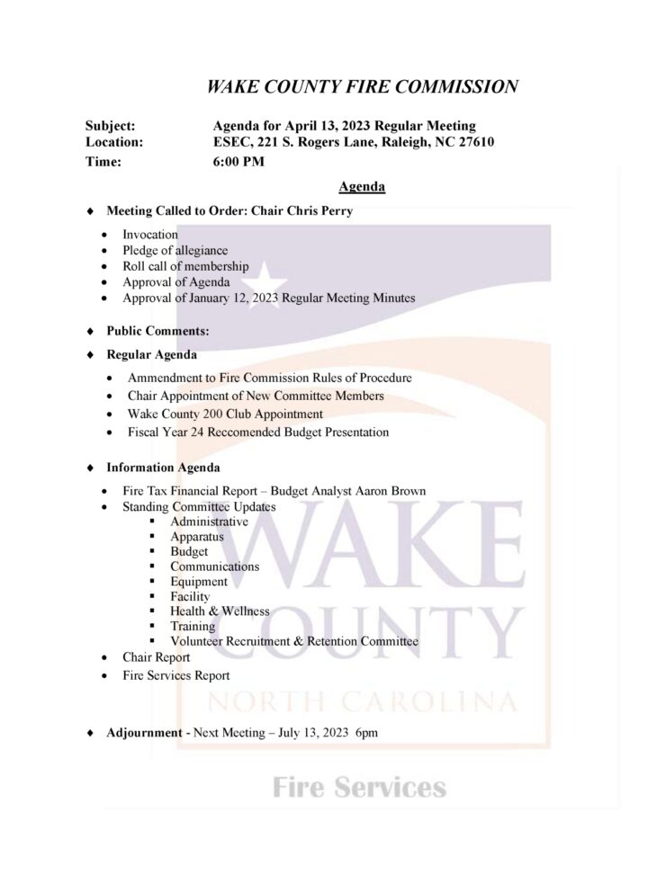 Wake County Fire Commission Meeting – April 13, 2023 – Legeros Fire Blog